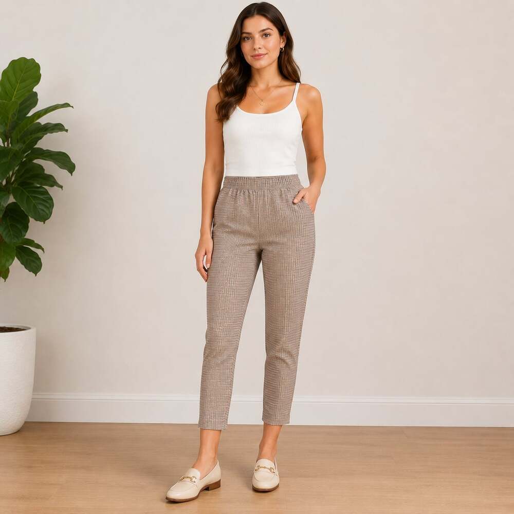 Tulle Plaid Check Pull On Stretch Ankle Pants Skinny Cropped Autumn Fall Women’s